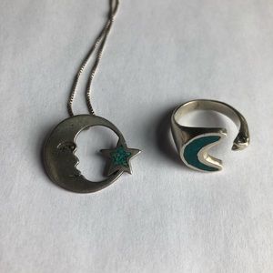 Sterling silver star & moon ring and necklace set